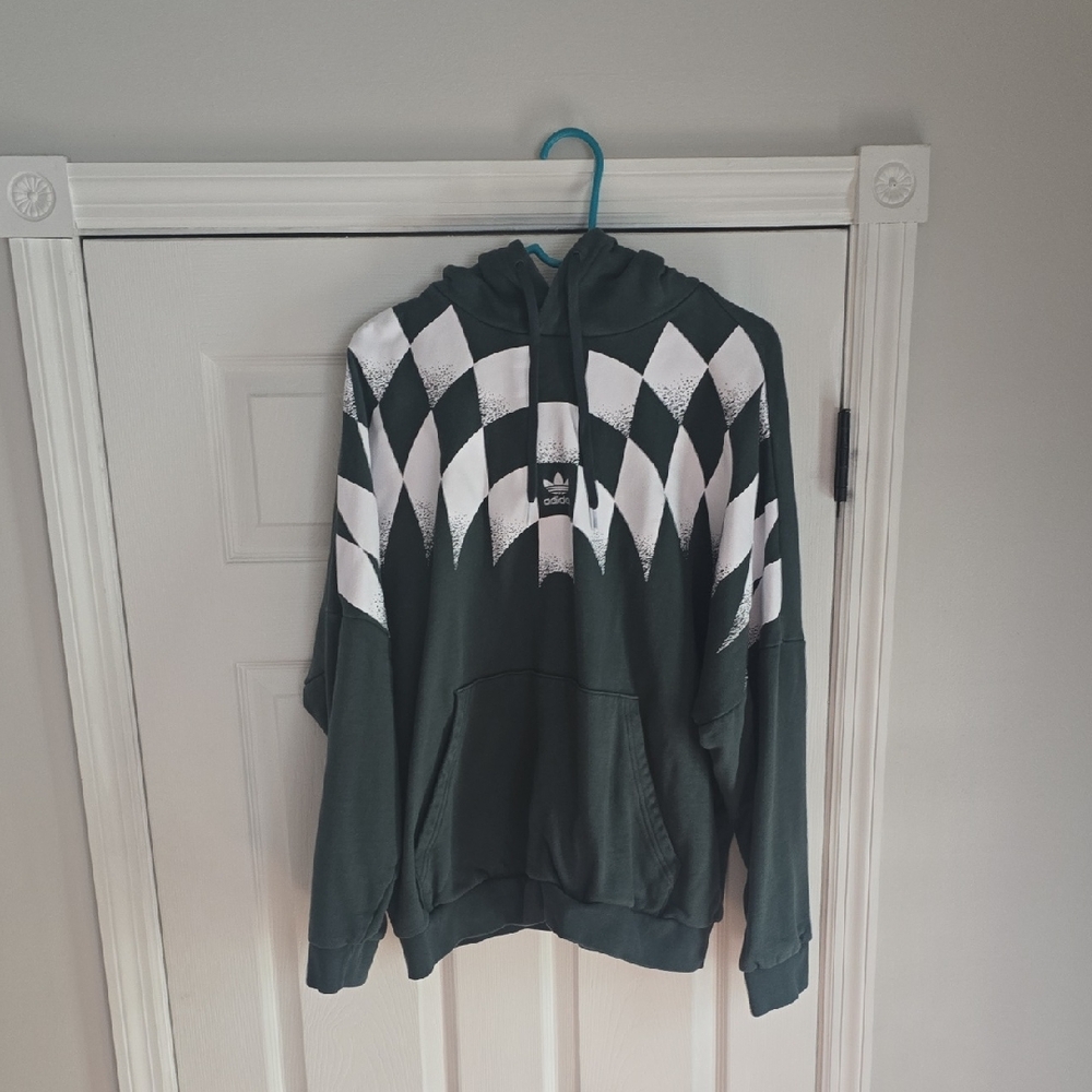 Adidas Men's Dark Green and White Checkered Sweater